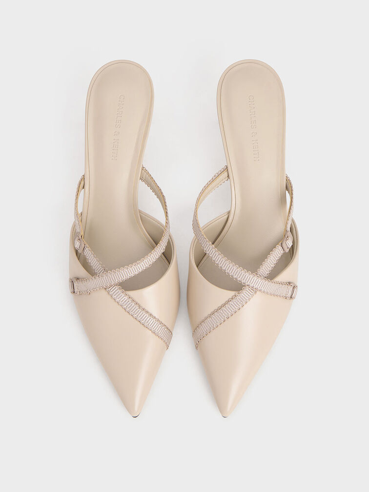 Grosgrain-Strap Pointed-Toe Mules, Nude, hi-res