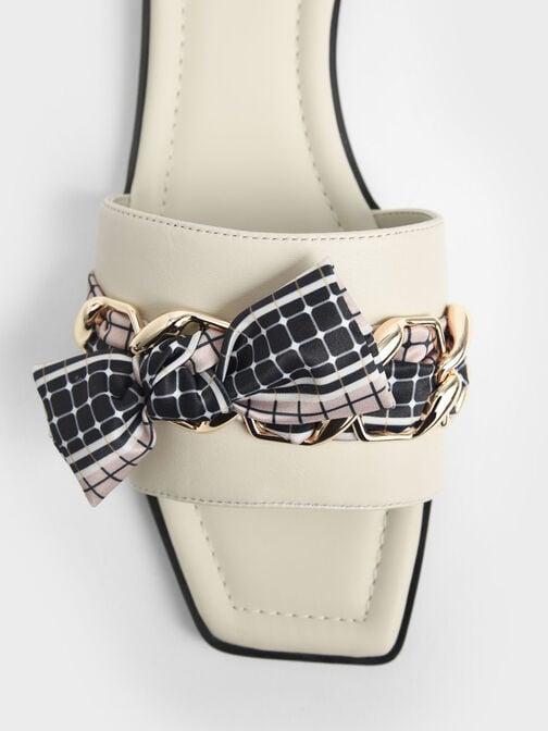 Printed Fabric Scarf Leather Slide Sandals, Chalk, hi-res