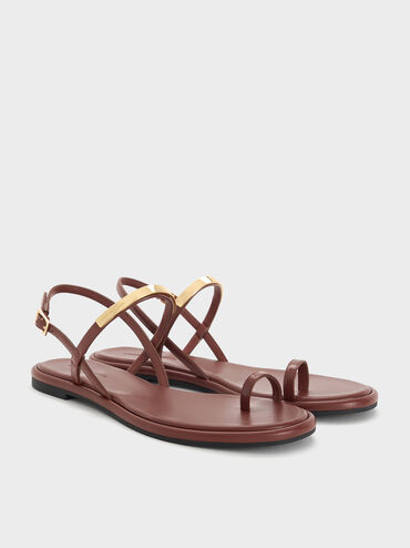 Patent Metallic-Accent Toe-Ring Slingback Sandals, Red, hi-res