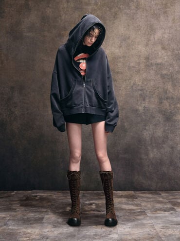 Botas hasta la rodilla con cordones y hebilla Darian en antelina, Dark Brown Textured, hi-res