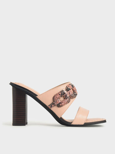 Leather Snake Print Mules, Light Pink, hi-res