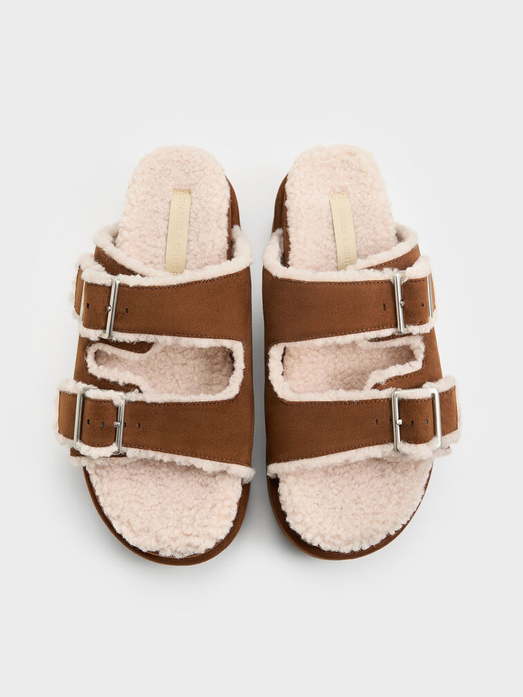 Faux Suede & Faux Shearling Platform Sandals, Brown, hi-res