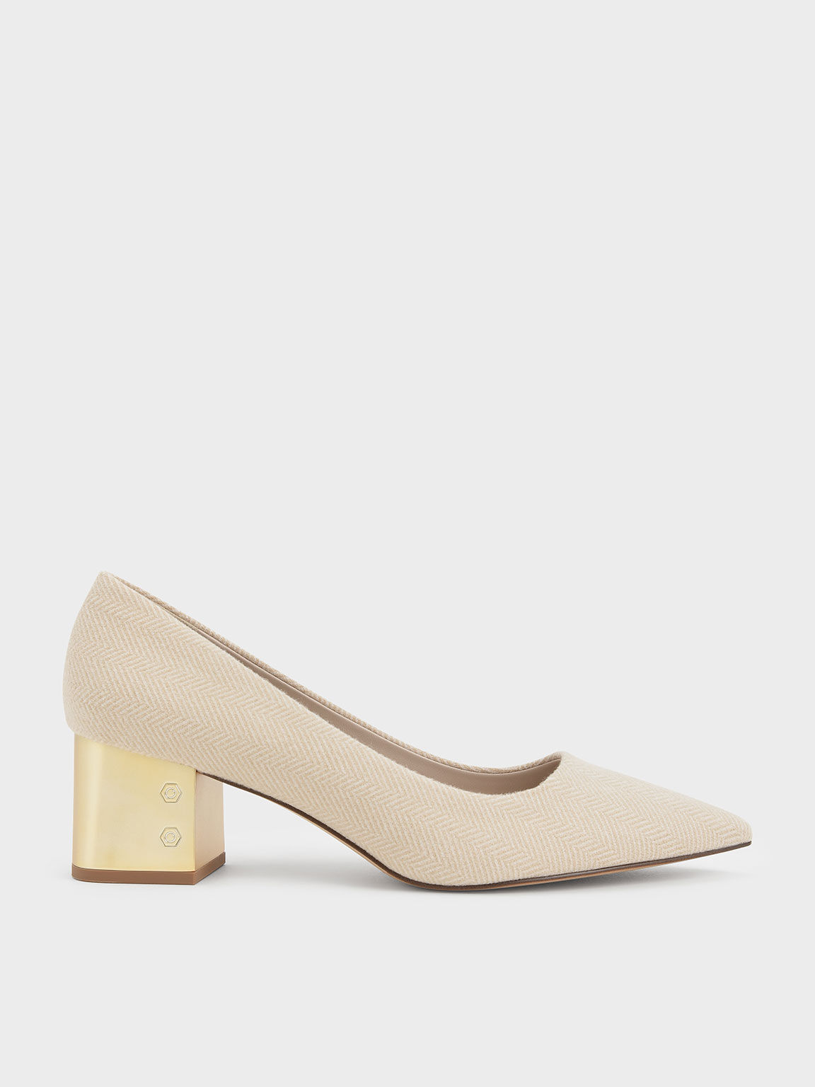 Beige Metallic Block Heel Woven Pumps 