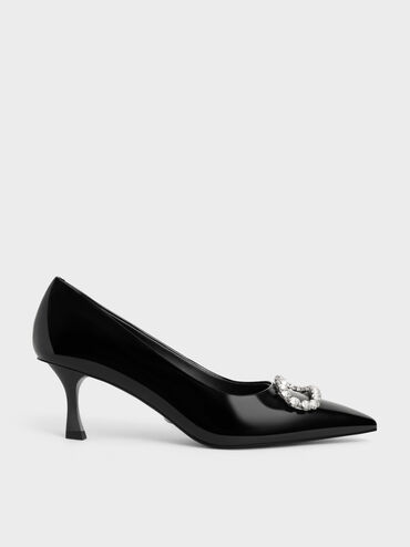 Zapatos de tacón de charol adornados con gemas, Negro, hi-res