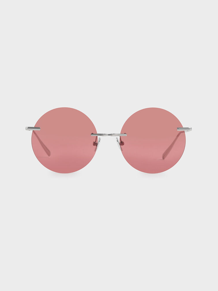 Round Rimless Sunglasses, Red, hi-res