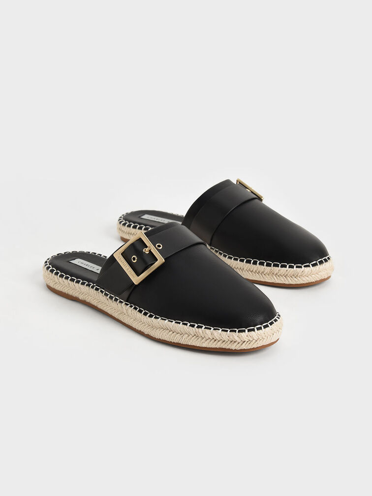 Buckled Espadrille Mules, Black, hi-res