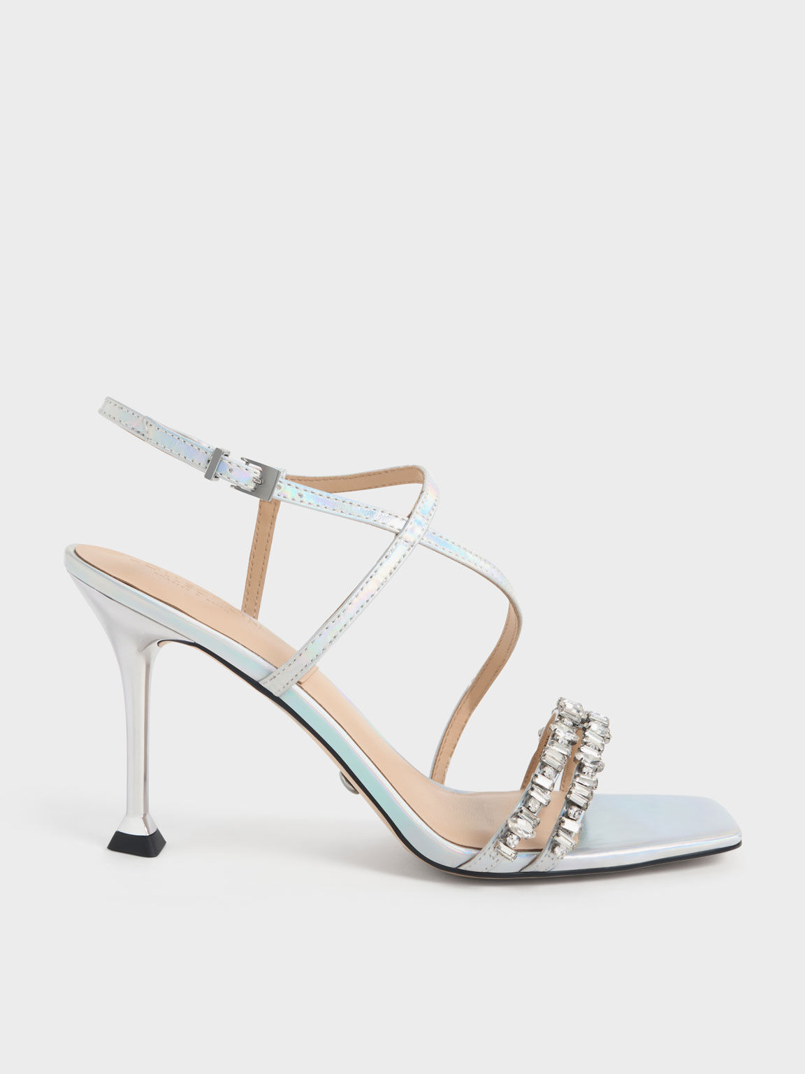 Holographic Leather Gem-Embellished Strappy Sandals, Multi, hi-res