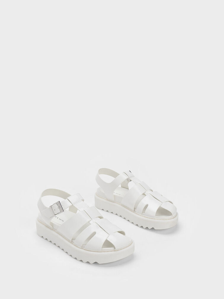 Buckled Caged Sandals, White, hi-res