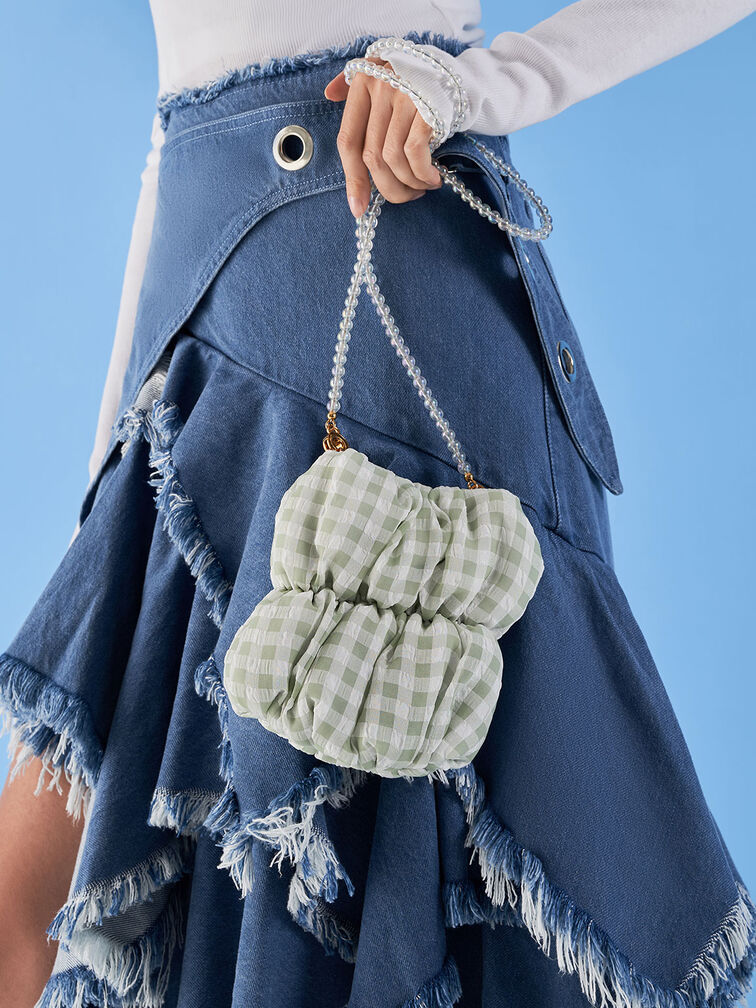 Ruched Bead-Handle Check-Print Crossbody Bag, Green, hi-res