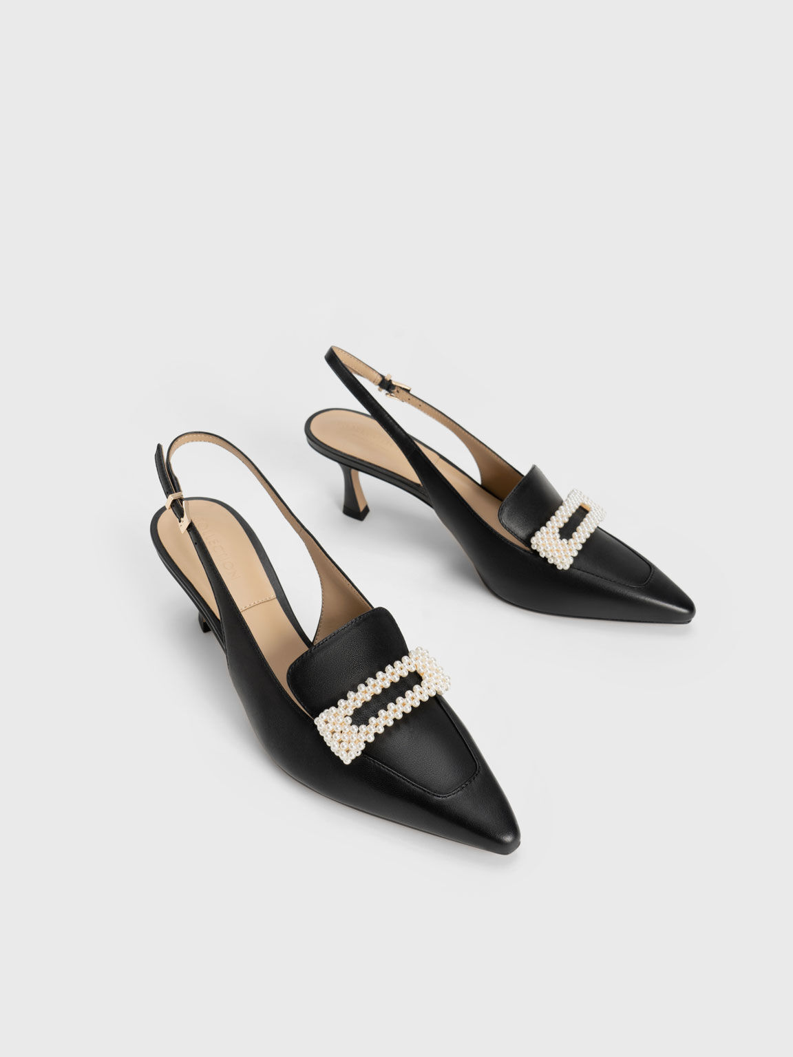Leather Beaded Slingback Pumps, Black, hi-res