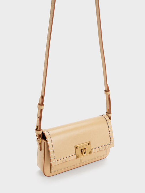 Circe Stitch-Trim Top Handle Bag, Beige, hi-res