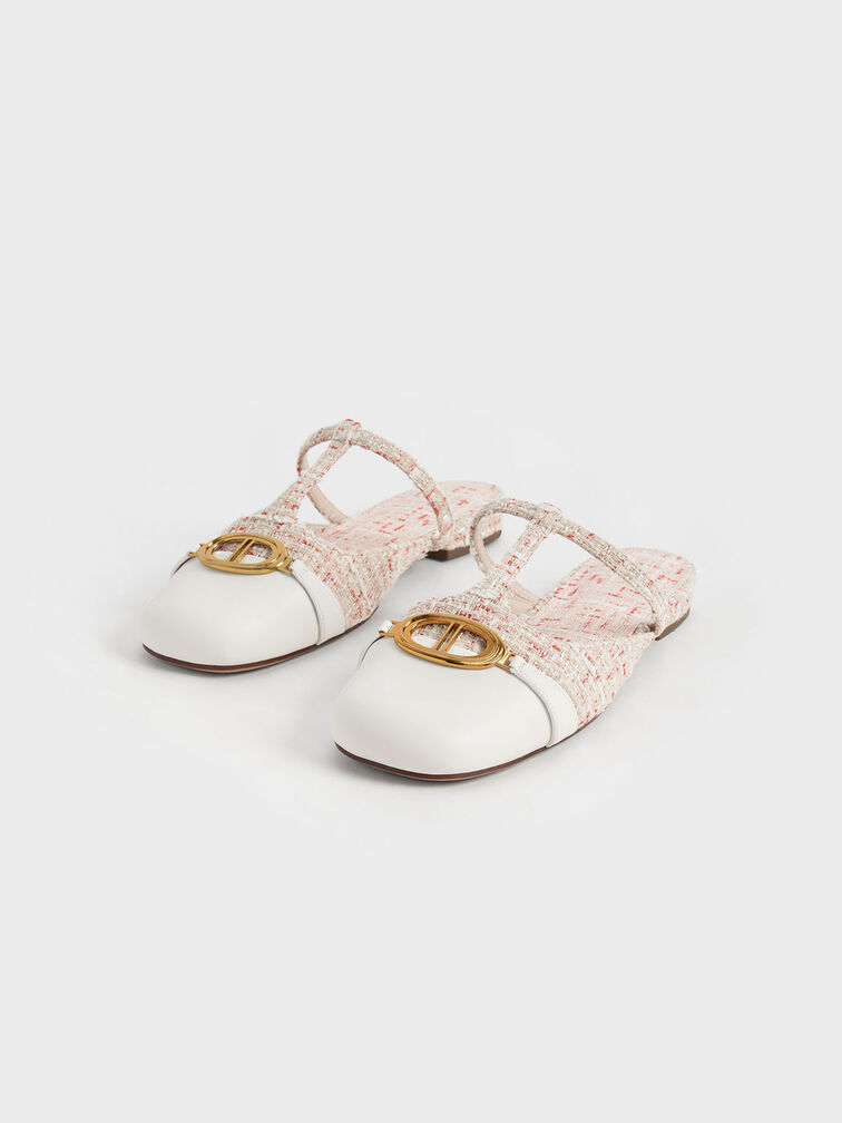 Metallic Accent Cut-Out Tweed Flat Mules, Cream, hi-res