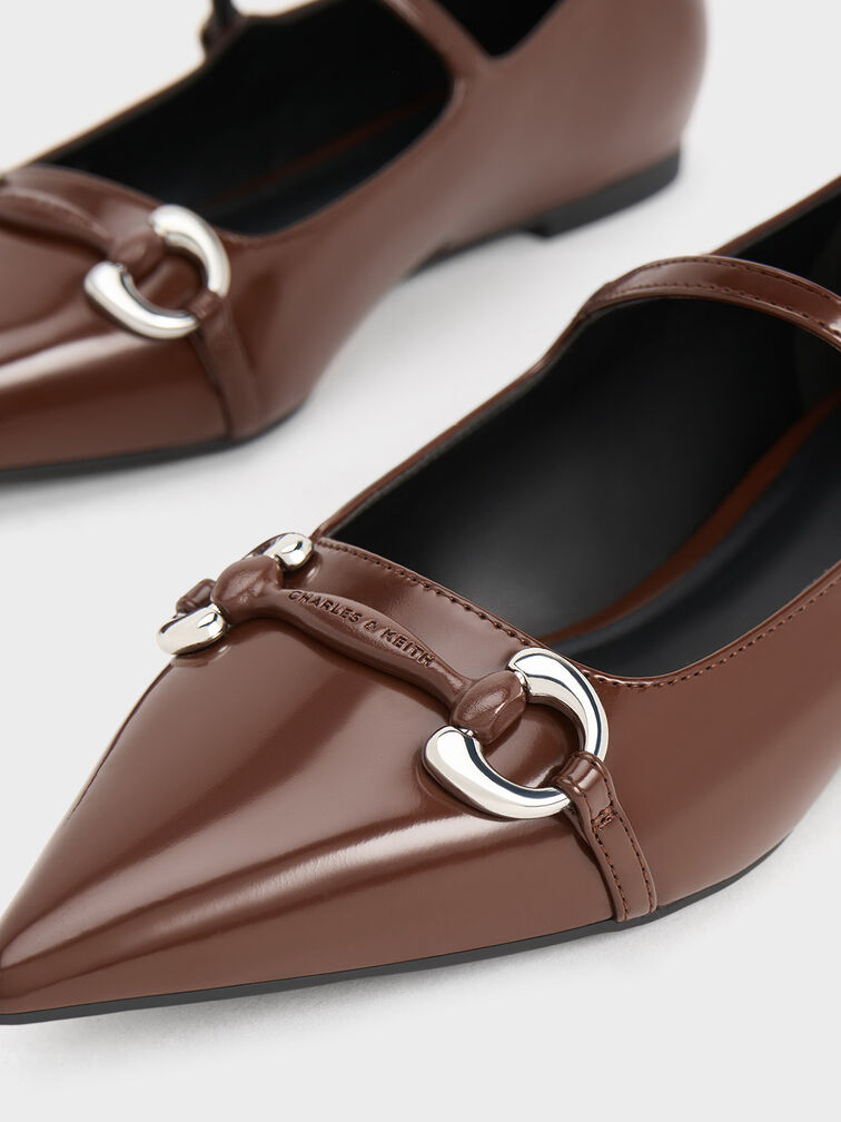 Metallic Accent Pointed-Toe Mary Janes, Dark Brown, hi-res