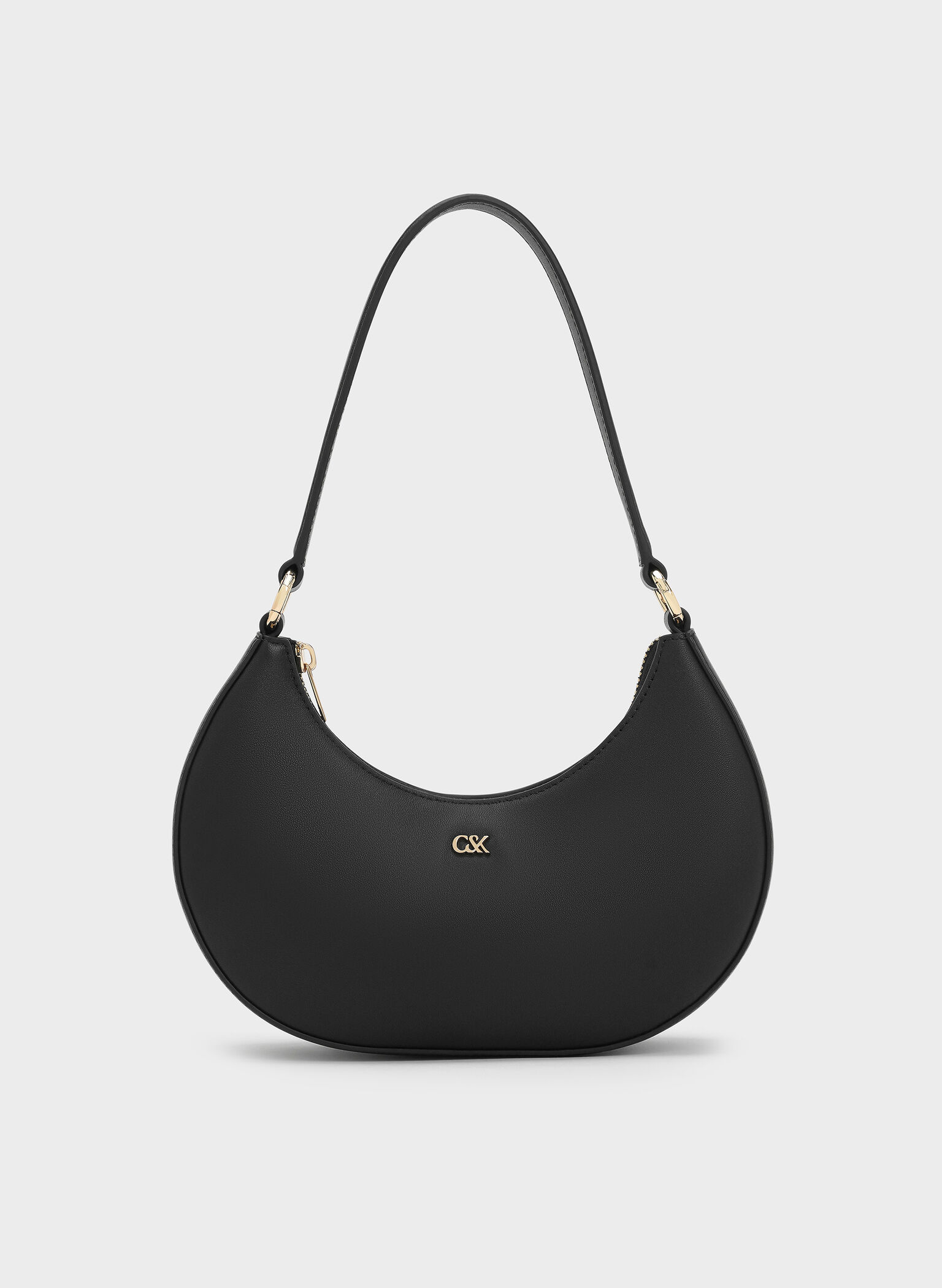 Leather Crescent Hobo Bag, Black, hi-res