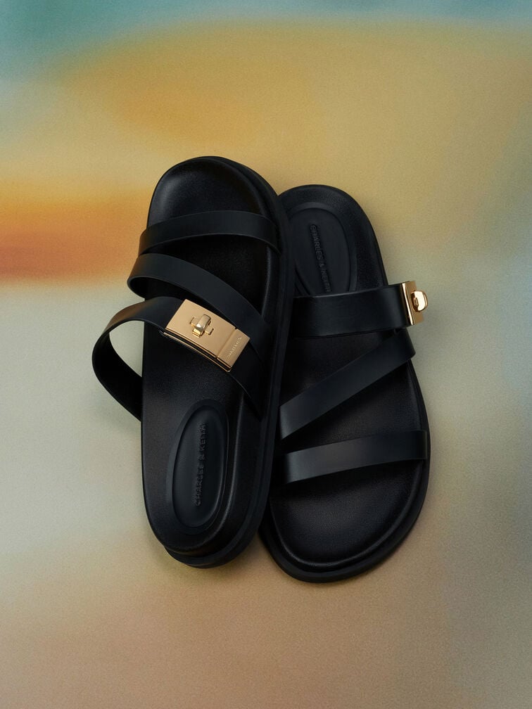 Aelin Metallic-Buckle Strappy Sandals, Black, hi-res