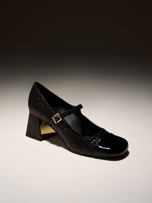 方頭金蔥粗跟瑪莉珍鞋, 黑色特別款, hi-res