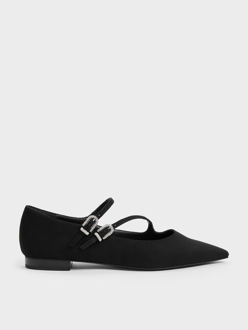 Faux Suede Crystal-Buckle Double-Strap Mary Janes, Black Textured, hi-res