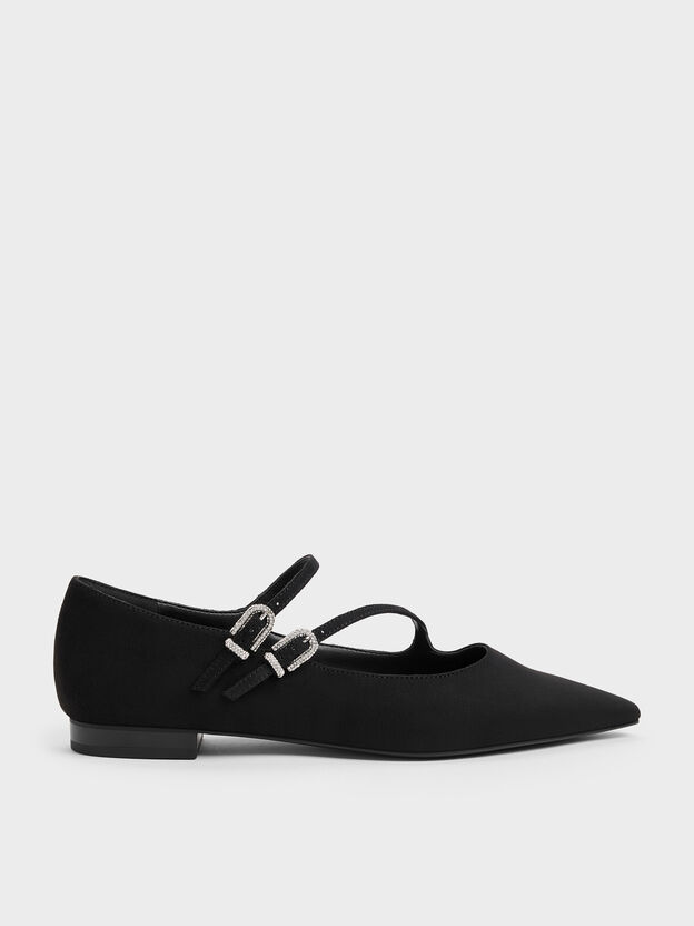 Zapatos Mary Jane de doble tira con hebilla de cristales en efecto ante, Negro texturizado, hi-res