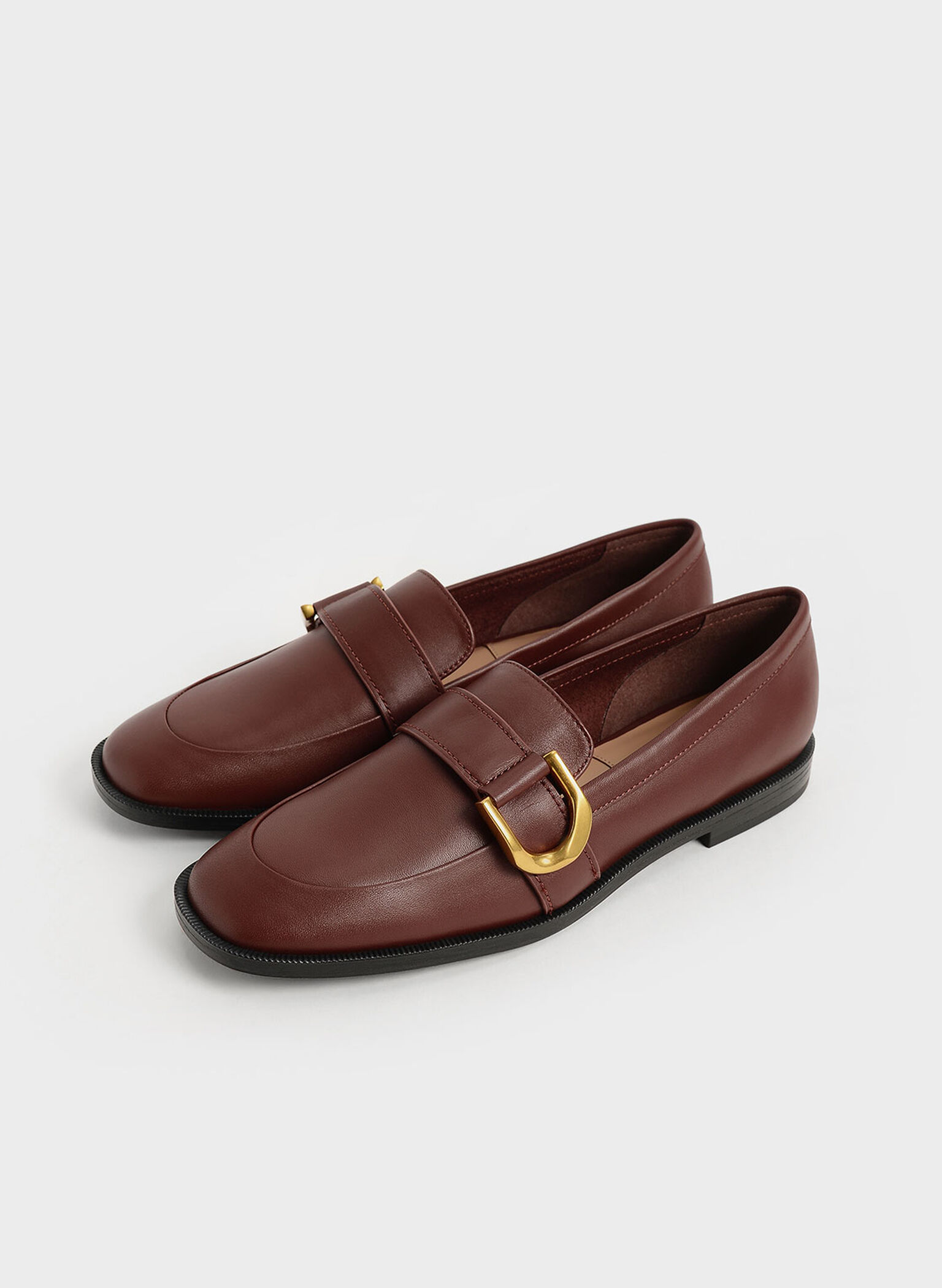 Brown Gabine Buckled Leather Loafers - CHARLES & KEITH US