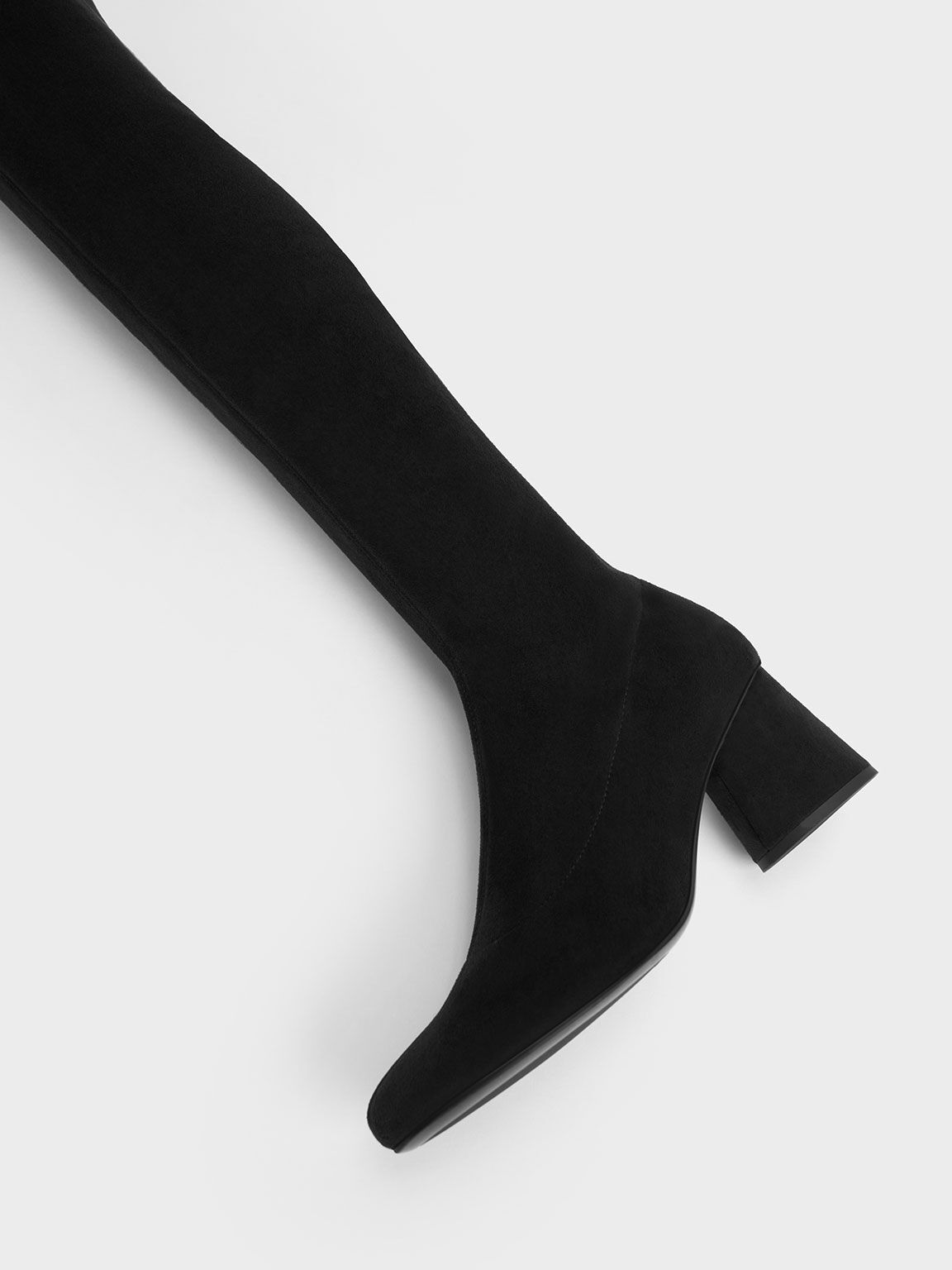 Textured Cylindrical Heel Thigh-High Boots, Black Satin, hi-res