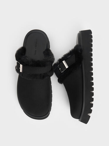 Mules texturizados Hannah con hebilla y ribete de pelo, Negro, hi-res
