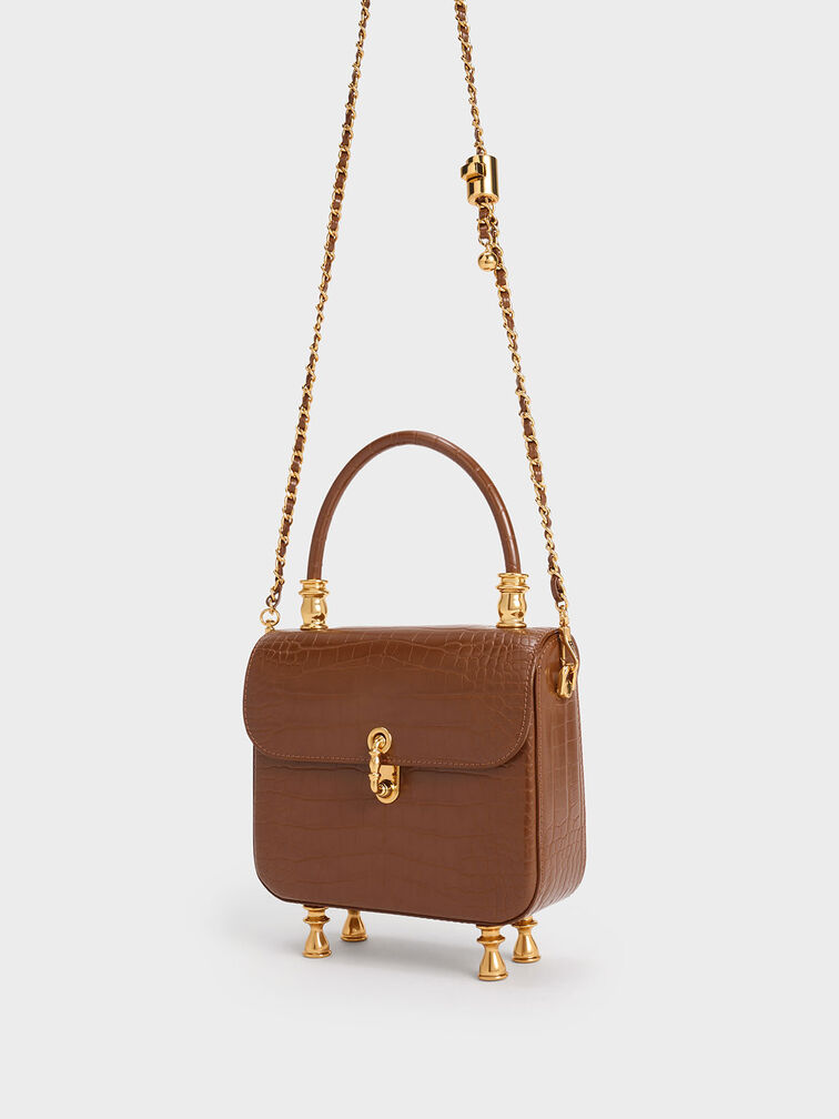 Meriah Croc-Embossed Top Handle Bag, Chocolate, hi-res