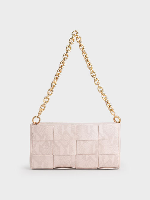 Snake-Print Woven Chain-Handle Bag, Chalk, hi-res