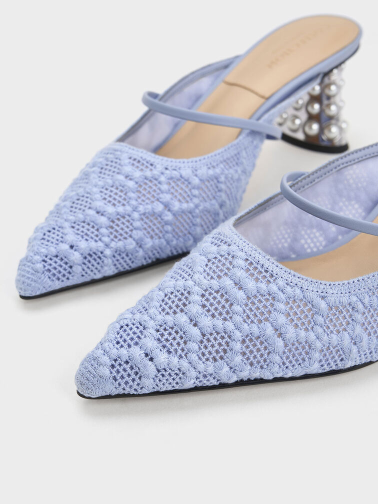 Crochet & Leather Beaded Heel Mules, Blue, hi-res