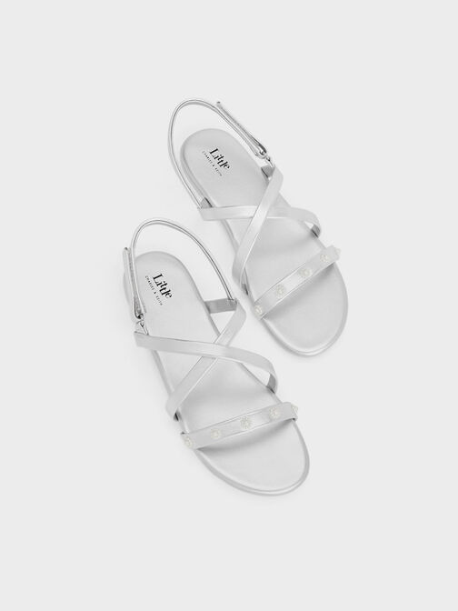 Girls' Flower-Beaded Strappy Sandals, Silver, hi-res