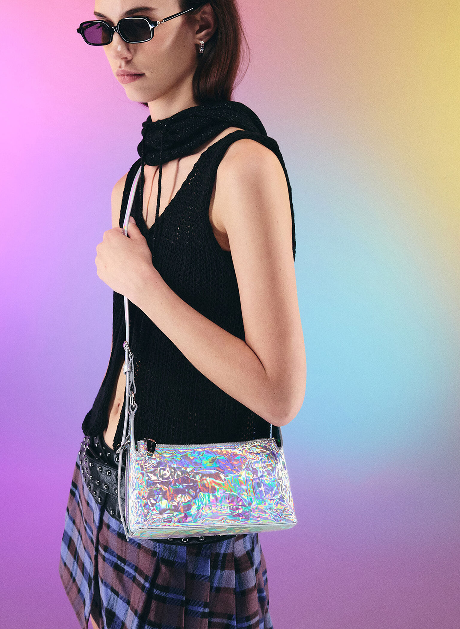 Lark Holographic Crinkle-Effect Shoulder Bag, Prism Silver, hi-res