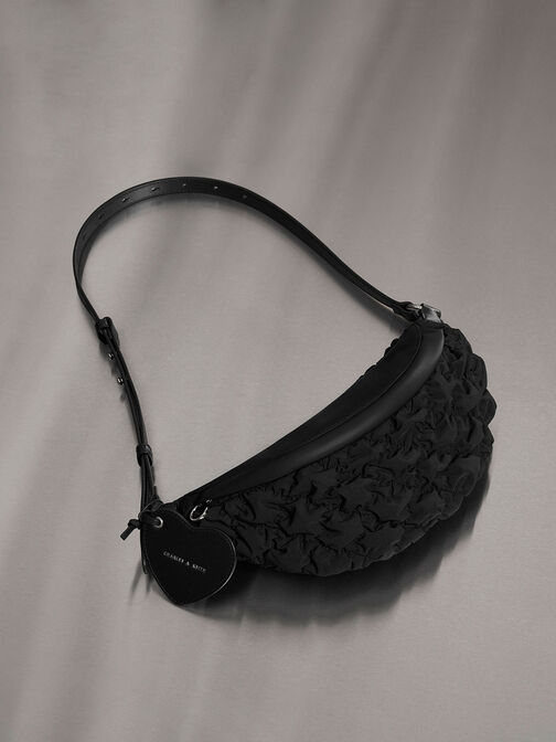 Ruched Nylon Bum Bag, Black, hi-res