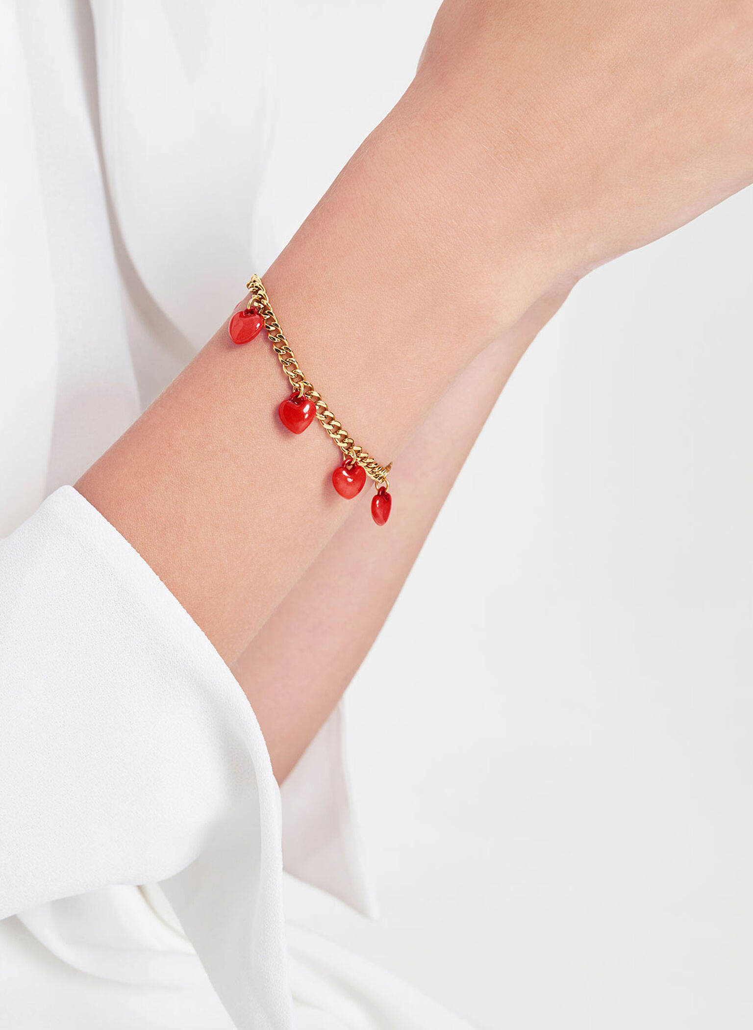 Heart Motif Chain-Link Bracelet, Red, hi-res