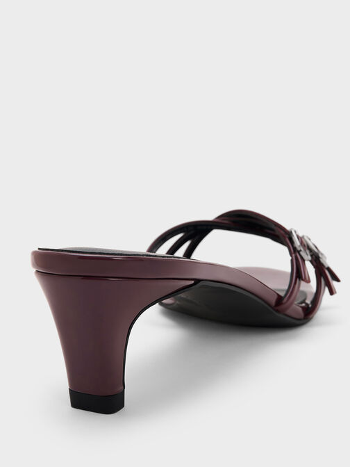 Patent Buckled Strappy Kitten-Heel Mules, Burgundy, hi-res