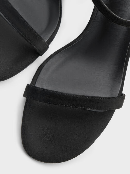 Faux Suede Ankle-Strap Heeled Sandals, Black Textured, hi-res