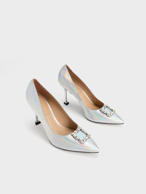 Zapatos de tacón de piel holográfica adornados con gemas, Multicolor, hi-res