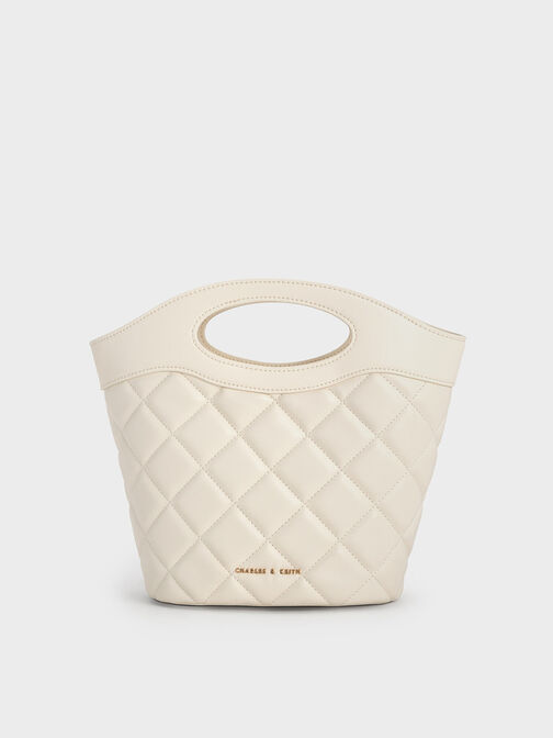 Quilted Chain-Link Curved-Handle Bucket Bag, Cream, hi-res