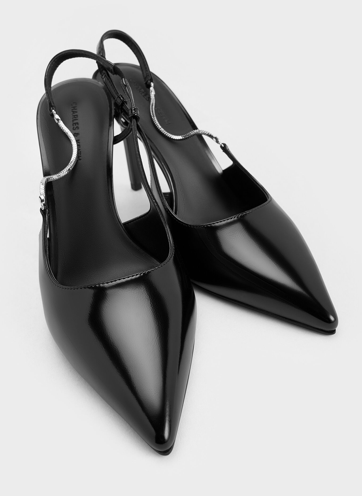 Chain-Strap Pointed-Toe Slingback Pumps, Black Box, hi-res