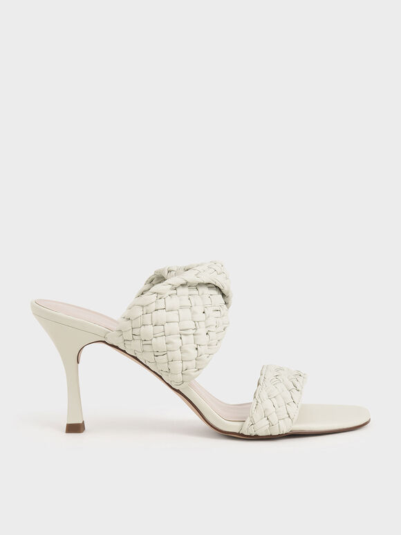 Double Strap Woven Heeled Mules, White, hi-res