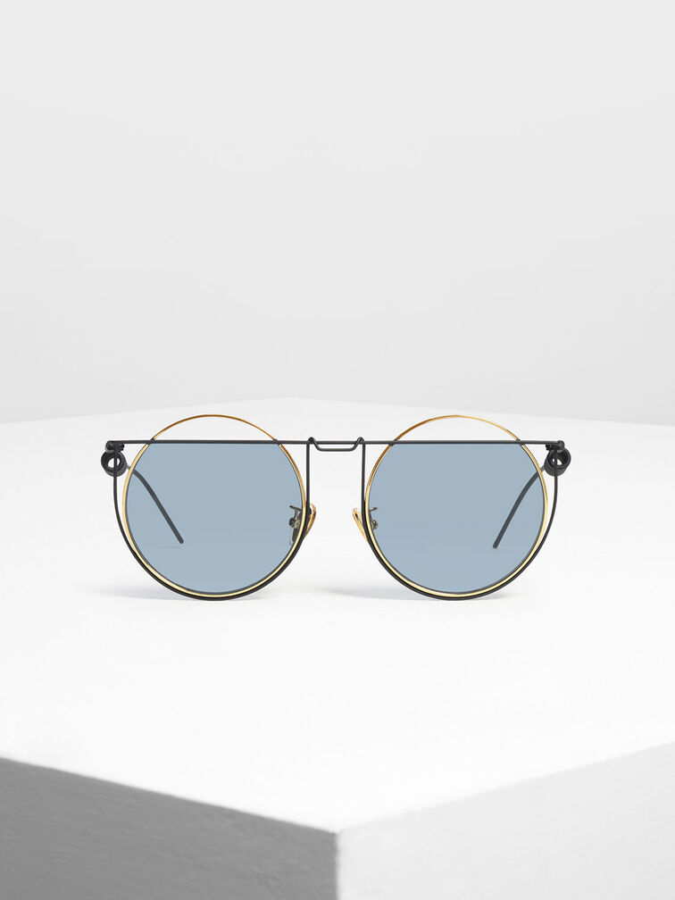Geometric Round Frame Sunglasses, Black, hi-res