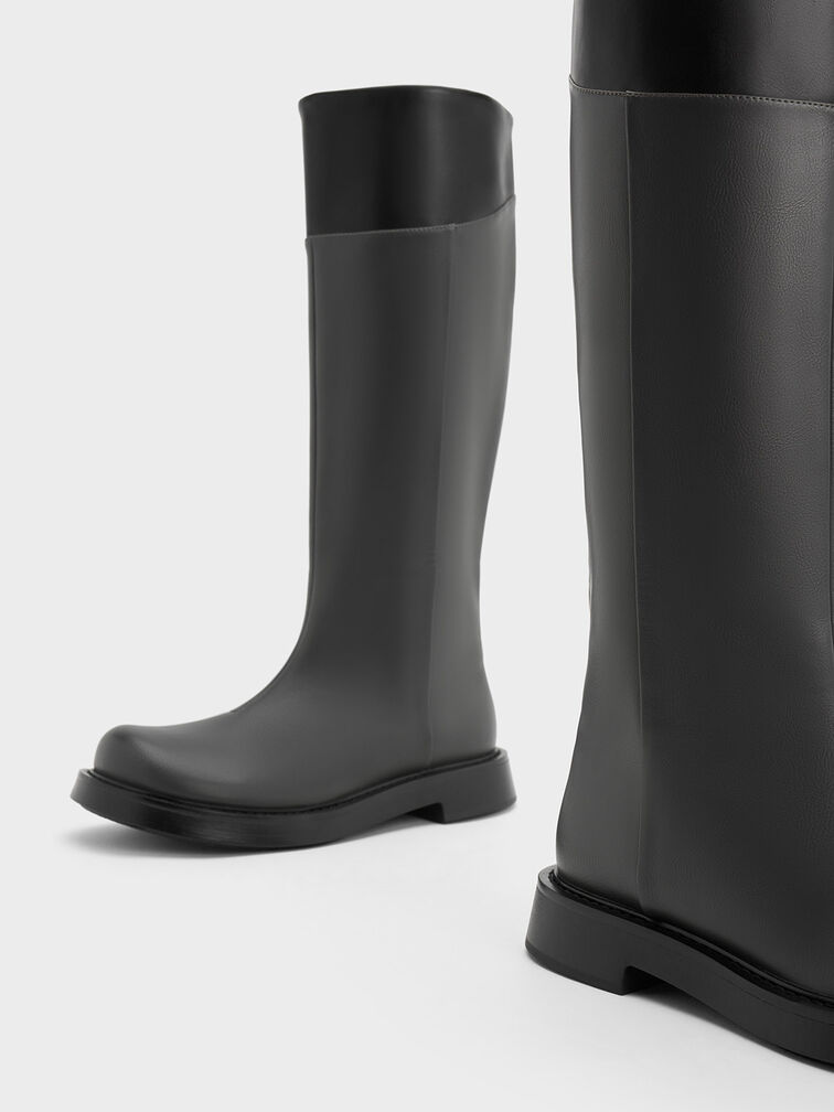 Two-Tone Round-Toe Knee-High Boots, Dark Grey, hi-res