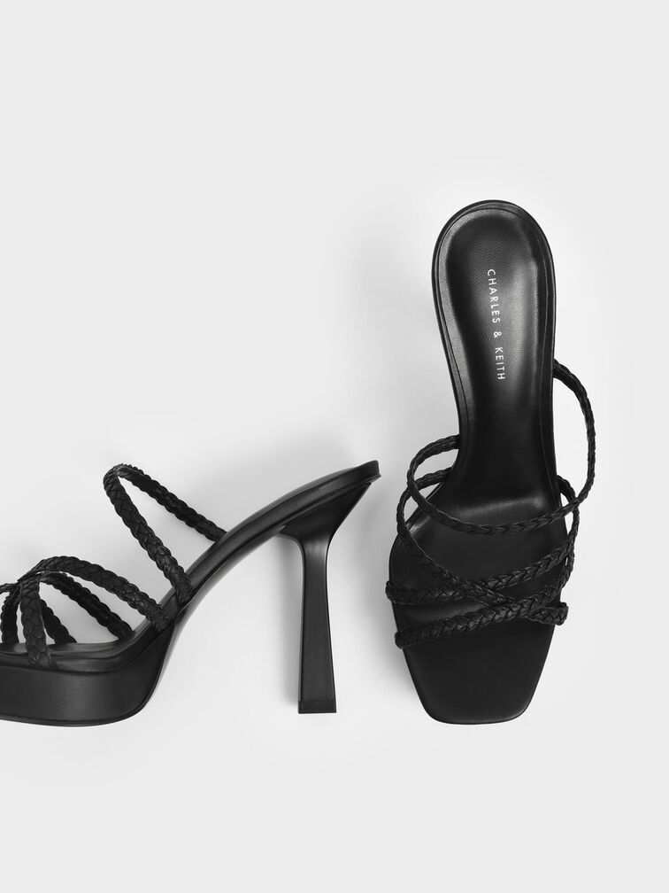 Braided Strap Platform Mules, Black, hi-res