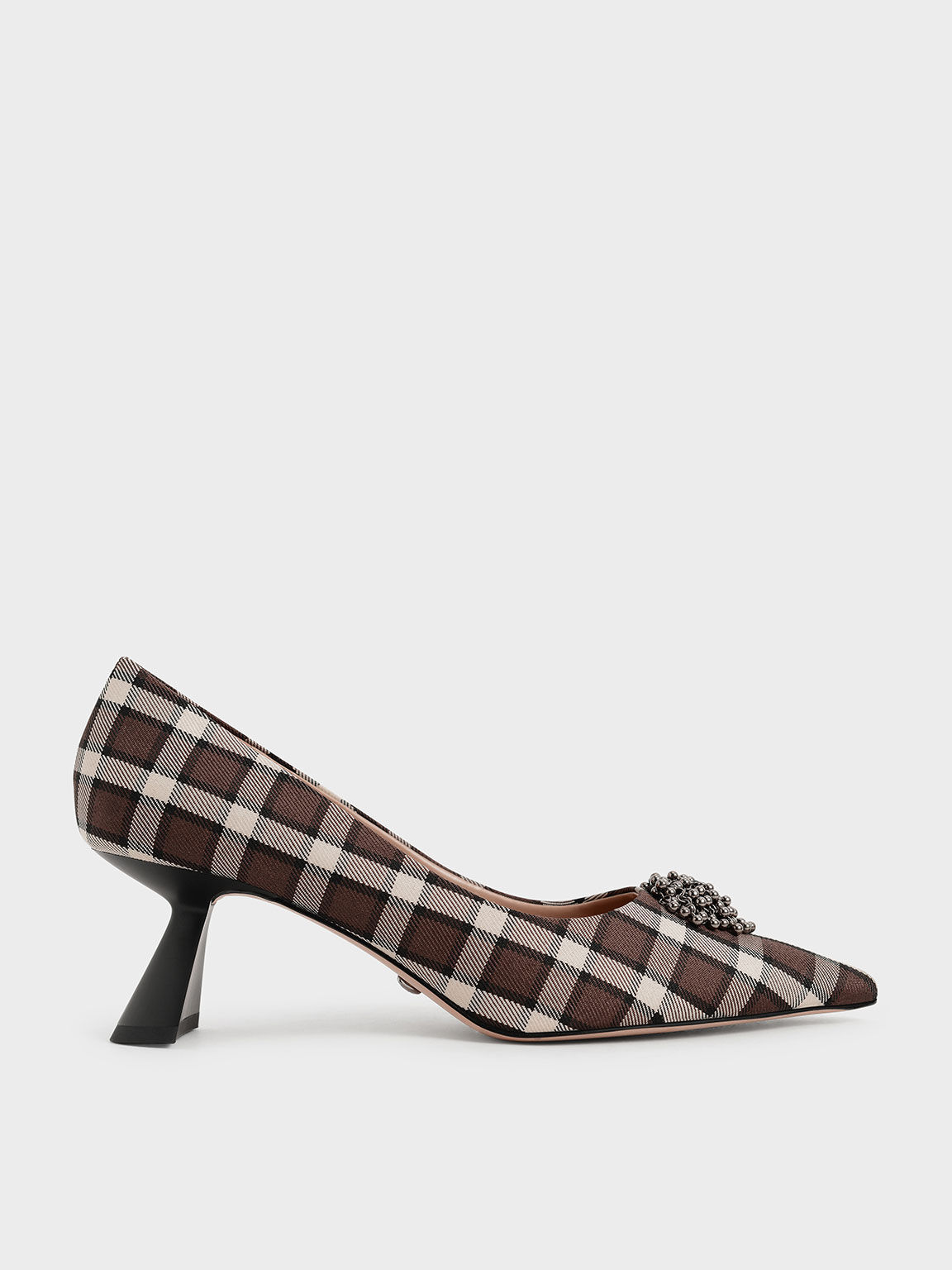 Check-Print Embellished Sculptural Heel Pumps, Multi, hi-res