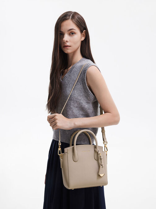 Double Handle Trapeze Tote Bag, Taupe, hi-res