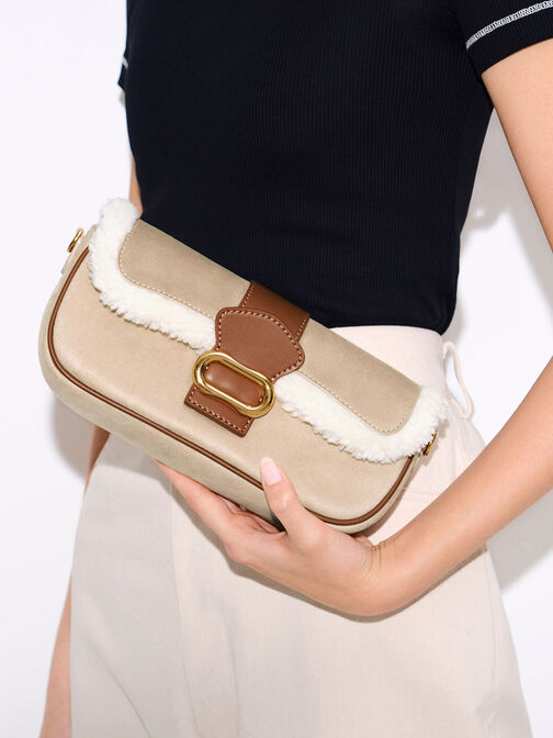 Daki Belted Fur-Trim Curved Bag, Multi, hi-res