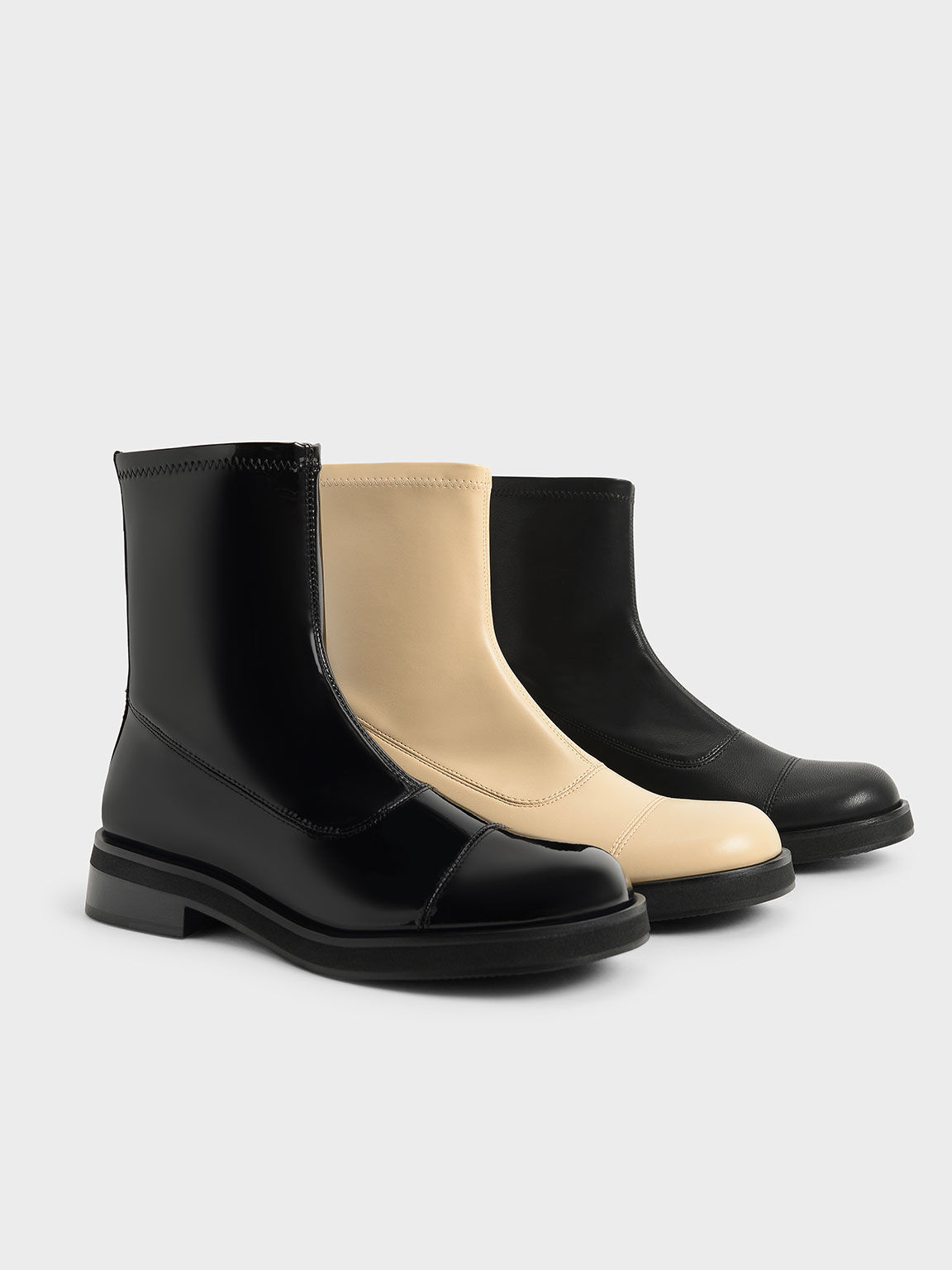 Patent Round Toe Zip-Up Ankle Boots, Black Textured, hi-res