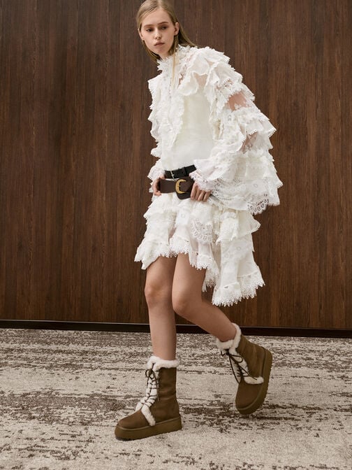 Faux Suede & Faux Fur Foldover Flatform Boots, Brown, hi-res