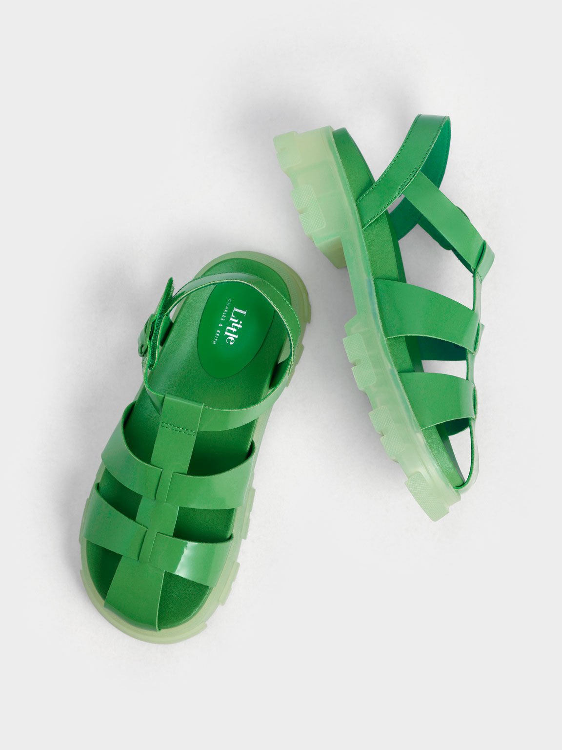 Girls' Patent Caged Sandals, Green, hi-res