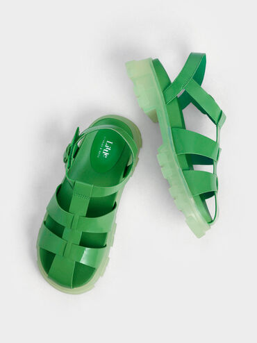 Sandalias enjauladas de charol para niñas, Verde, hi-res