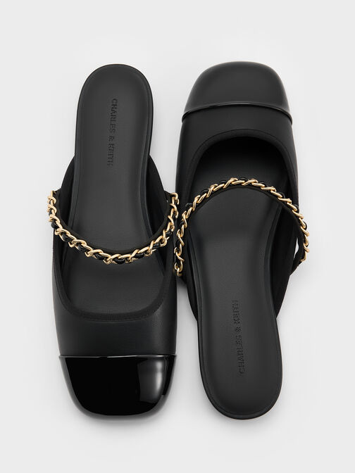 Patent Chain-Strap Mules, Black, hi-res