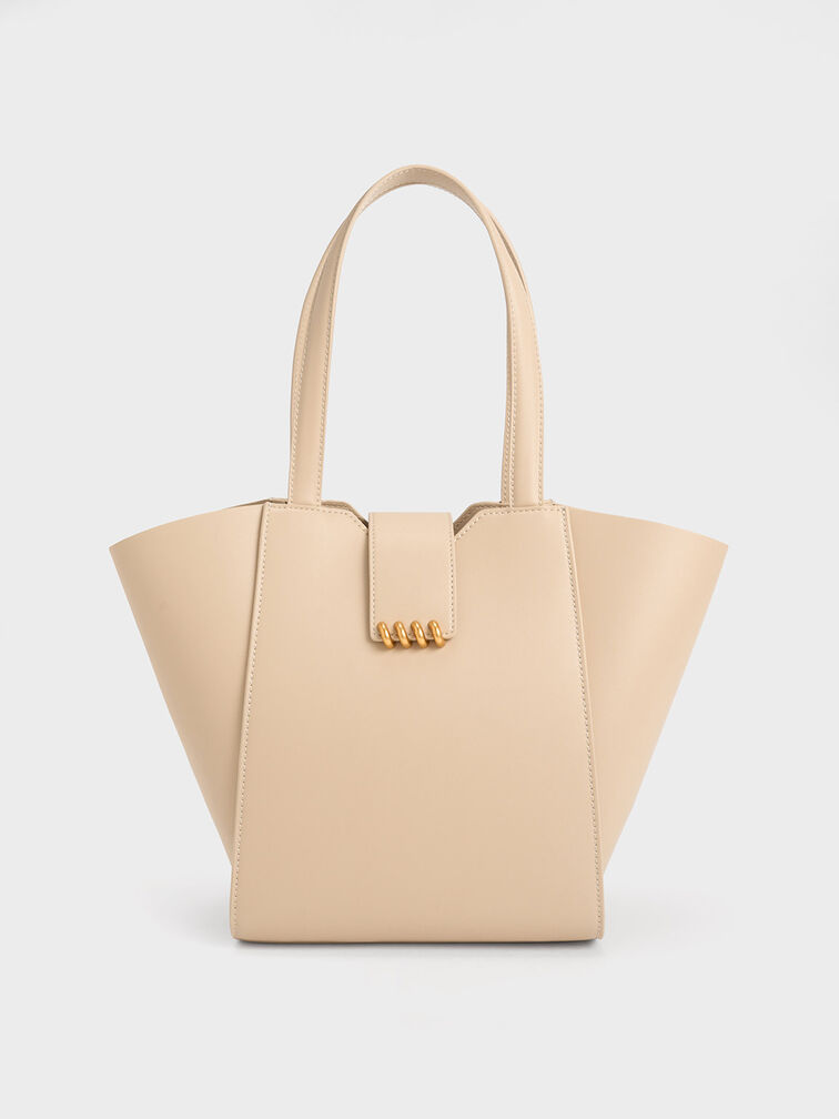 Beige Osiris Metallic Accent Trapeze Tote - CHARLES & KEITH KH